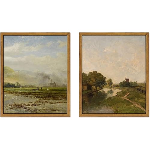 WITCOLOR 2 Pack Framed Canvas Wall Art, 8×10in Vintage Wall Art Decor for Living Room Nature Landscape Countryside Wood Wall Art Prints Scenery Oil Painting for Bedroom Office Home Decoration