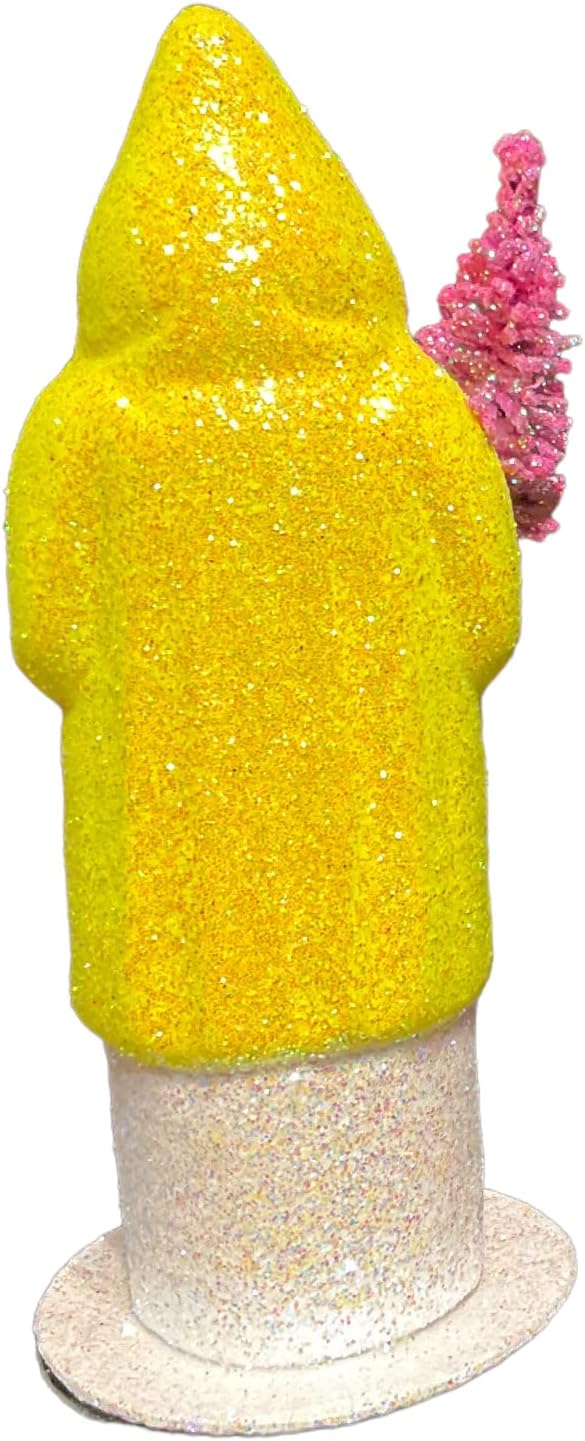 Pinnacle Peak Trading Company Ino Schaller Neon Yellow Glitter Santa with Pink Tree German Paper Mache 6 Inch