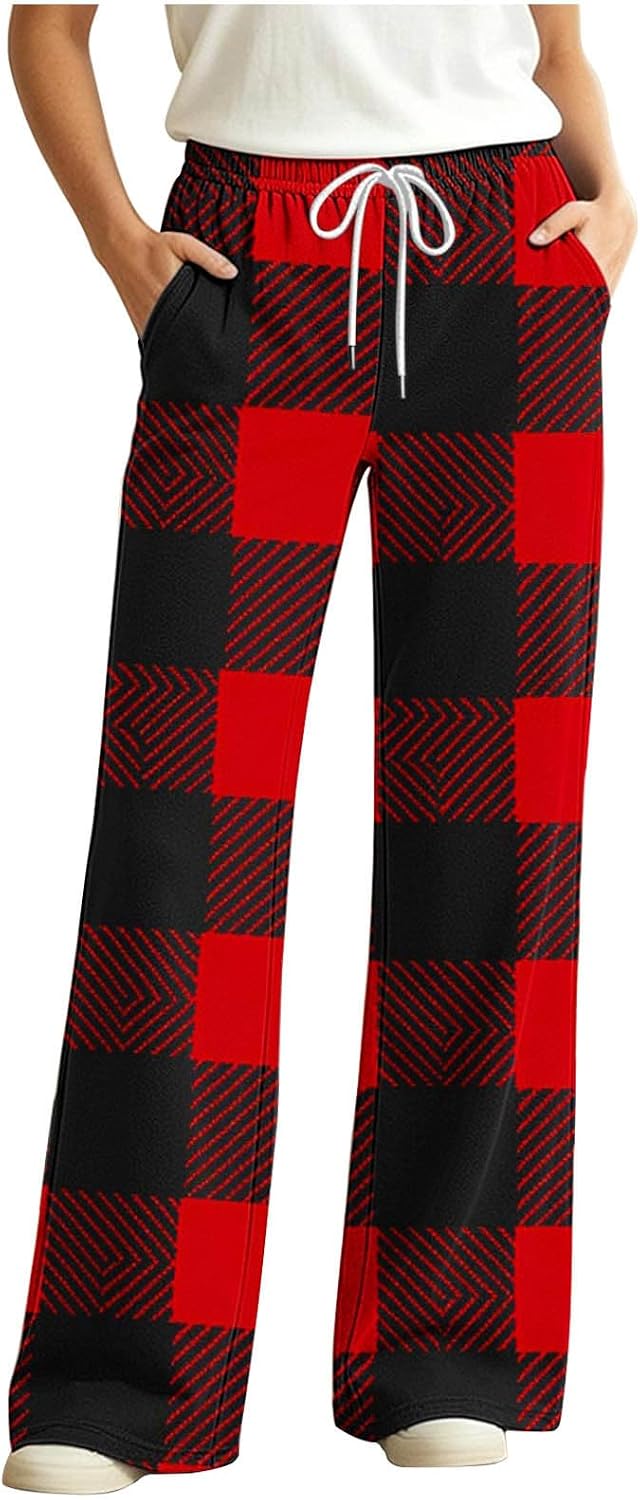 Gingham Checkered Palazzo Loungewear Wide Leg Pants with Pockets PJ