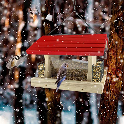 Mixxidea Cedar Bird Feeder Wood Bird Feeder Garden Roof Feeder With 2 Suet Cages And 2 Plastic Window Weatherproof And Water Resistant Great For Attracting Birds,Roof Top Red #TOP1