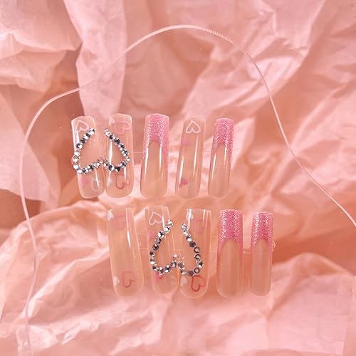 Miniatura 3 de Uñas postizas largas a presión, color rosa, estilo ataúd, francesas, cobertura completa, con purpurina, uñas postizas acrílicas con diamantes de