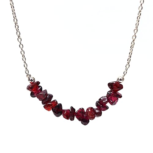 Gempires Natural Red Garnet Chip Bar Necklace, Garnet Healing Crystal Necklace, January Birthstone, Garnet Beaded Necklace for Women 18 inch, Gift