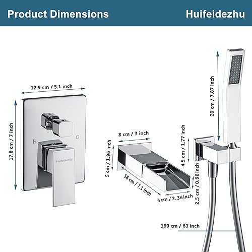 Miniatura 9 de Juego de grifo de bañera y ducha de montaje en pared, grifo de baño con boquilla en cascada de agua, grifo de bañera de alto flujo de latón macizo