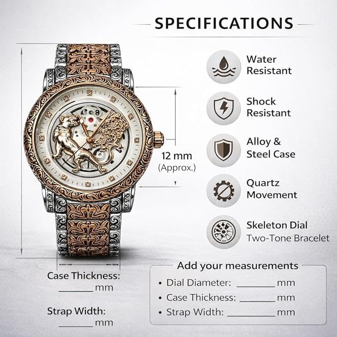 Image of Luxury Gold-Tone Tiger Skeleton Dial Watch, Vintage Carved Pattern Band, Quartz Movement(Copper, Silver)
