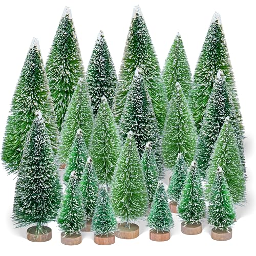 Btowin VCF 20 Pcs Mini Christmas Trees, Artificial Snow Frost Trees Green Sisal Tree Bottle Brush Tree with Wood Base Mini Pine Tree DIY Craft Ornaments for Christmas Party Home Tabletop Decor