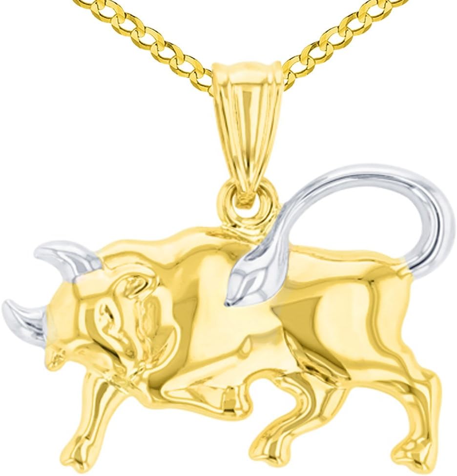High Polish 14K Yellow Gold Bull Pendant Taurus Zodiac Sign Charm Cuban Chain Necklace