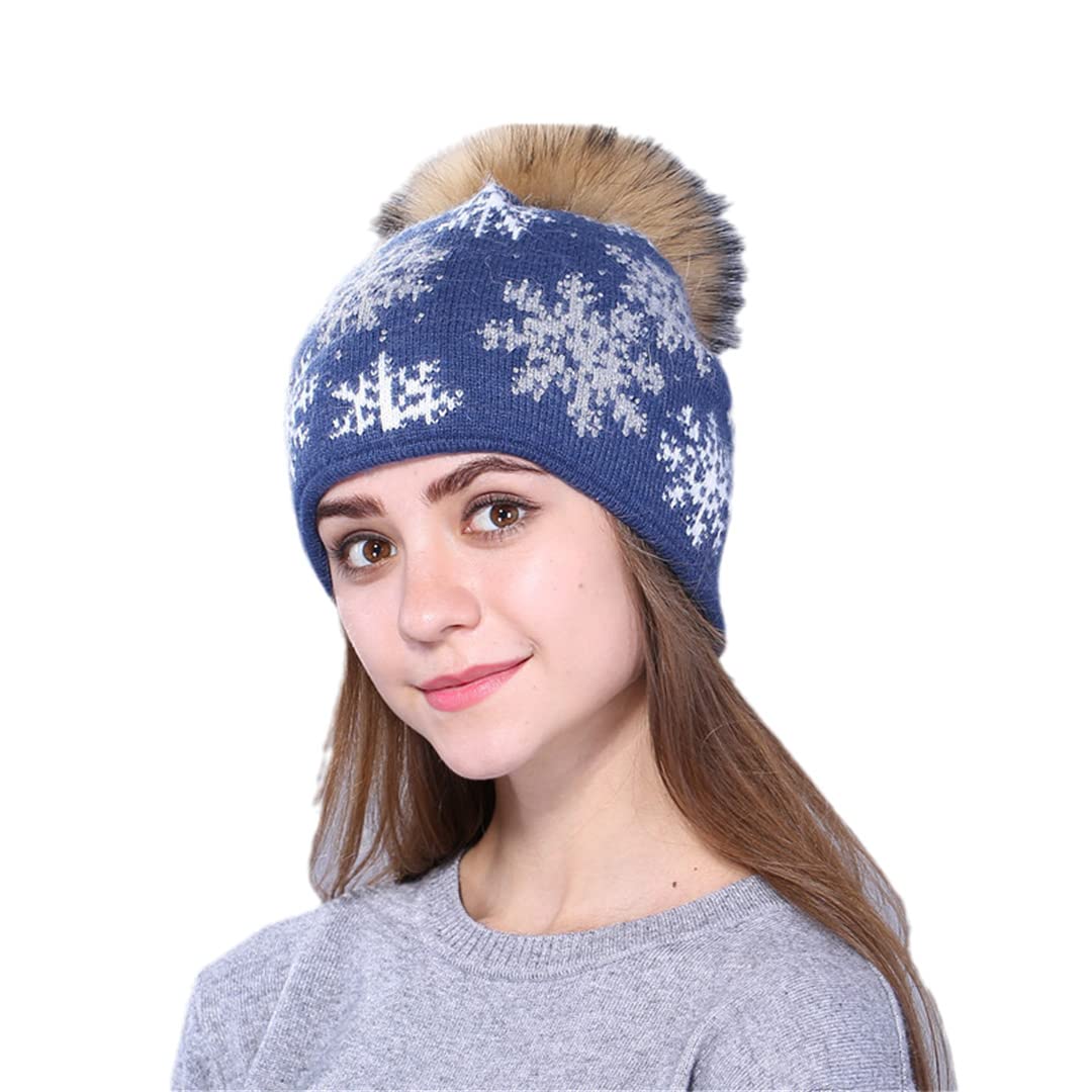 KMMBBTY Gorro de Lana de Piel de Conejo con Pompones de visón Skullies Gorros Gorro de Nieve de Navidad de Invierno