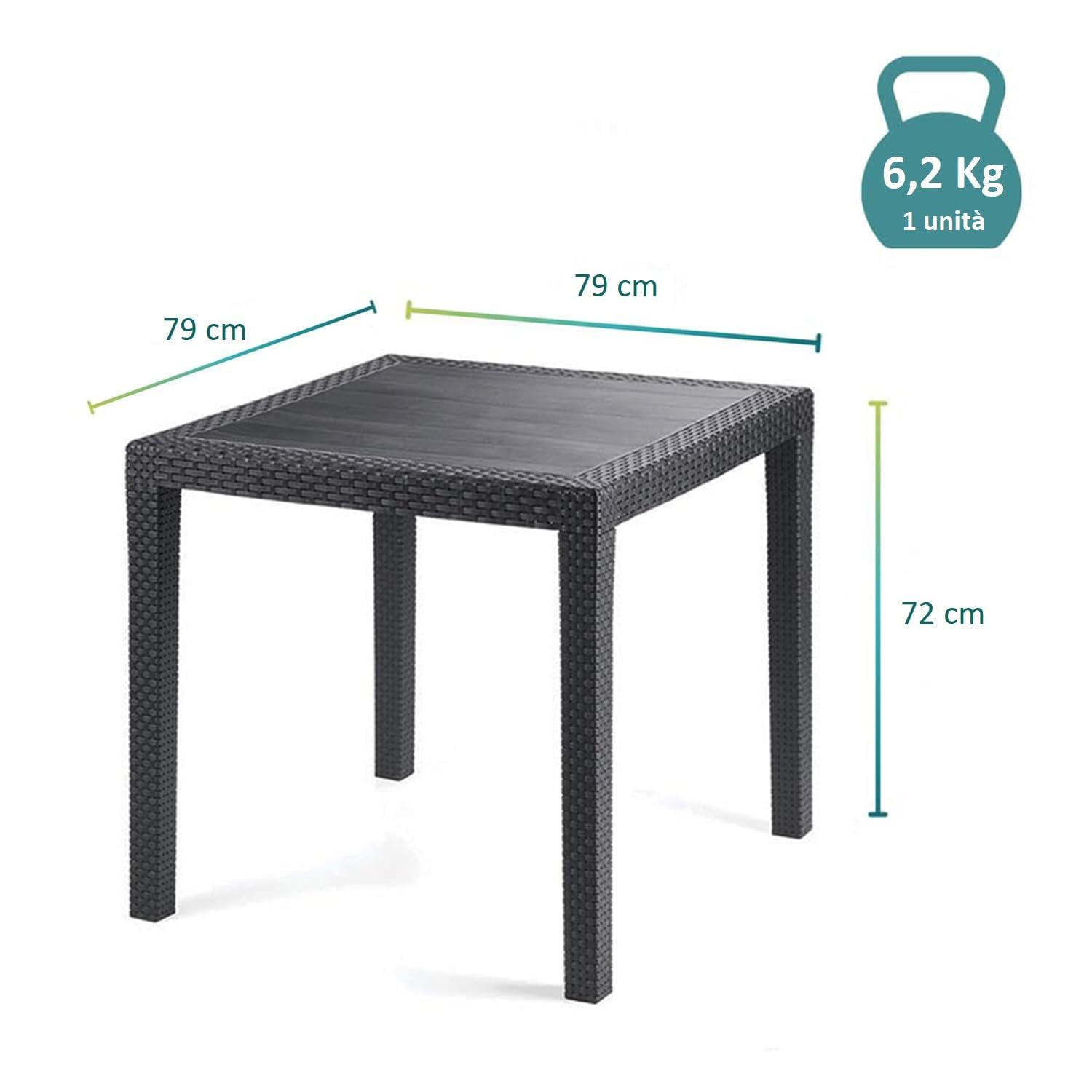 PALUPLUS Set Tavolo Quadrato con 4 Sedie Rattan in Plastica color Antracite, Misura Tavolino 79x79x72 cm, Sedia CON Braccioli, Arredo per Esterno, Terrazzo -KIN024F/DUK702F-23