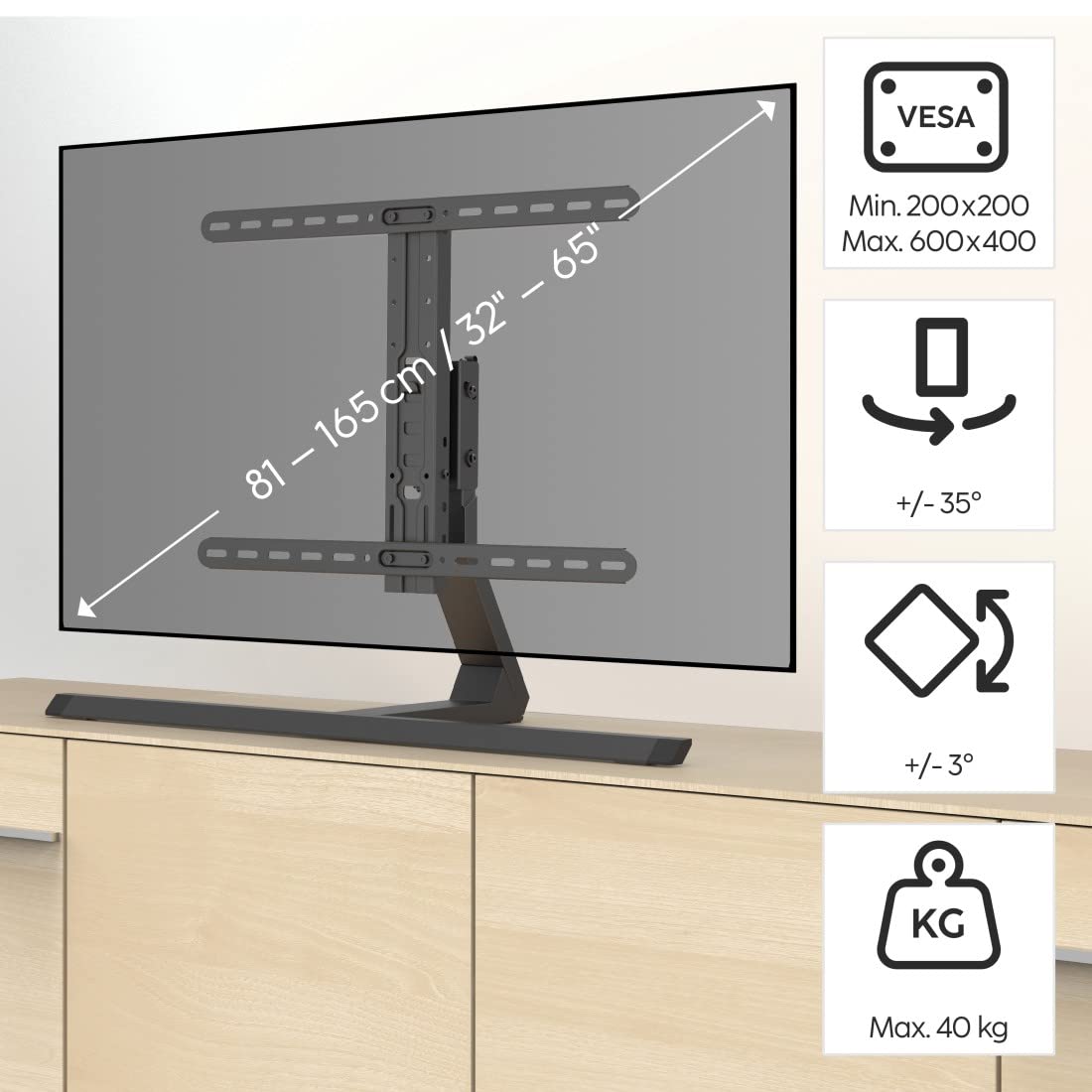 Hama TV-standaard (standaard voor televisie 32-65 inch, tot 40 kg, televisiestandaard in hoogte verstelbaar, kantelbaar, draaibaar, VESA-compatibel, stabiele televisievoet) zwart