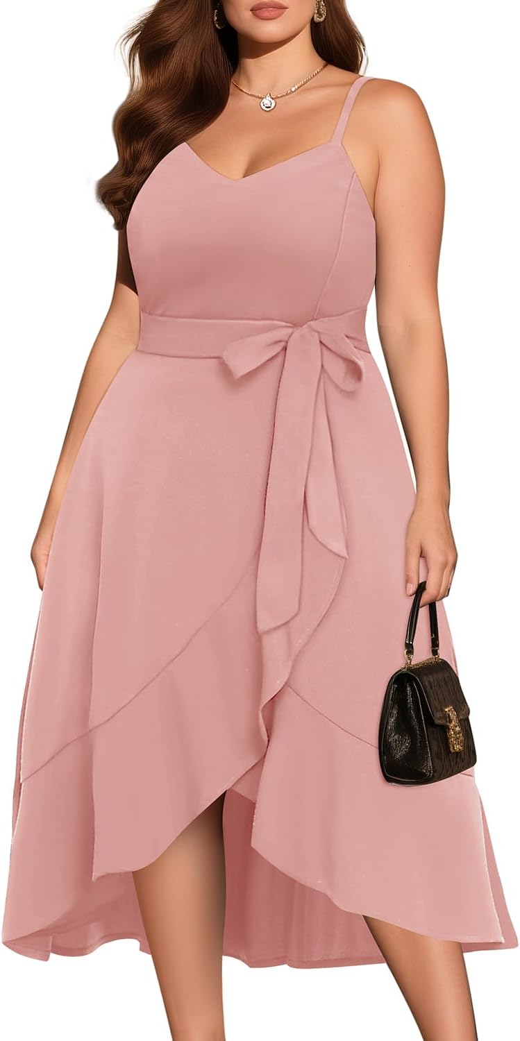 Pinup Fashion Plus Size Cocktail Party Dress - Women Wedding Guest Semi Formal High Low Elegant Midi Dresses