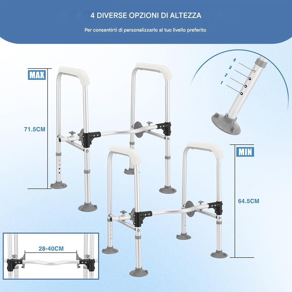 BAKAJI Barre di Sicurezza per WC in Alluminio per Anziani, Disabili e Persone con Mobilità Ridotta, Maniglie di Assistenza Antiscivolo, Corrimano Portatile con Altezza Regolabile 64,5-71,5 cm