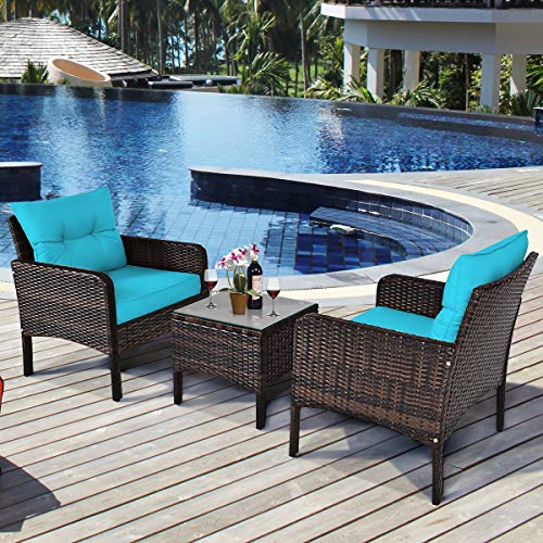 Image of Tangkula 3 Piece Wicker Chairs with Glass Top Coffee Table, Thick Cushions, All Weather Garden Lawn Poolside Backyard Porch Outdoor Patio Furniture Set for 2 (Turquoise)