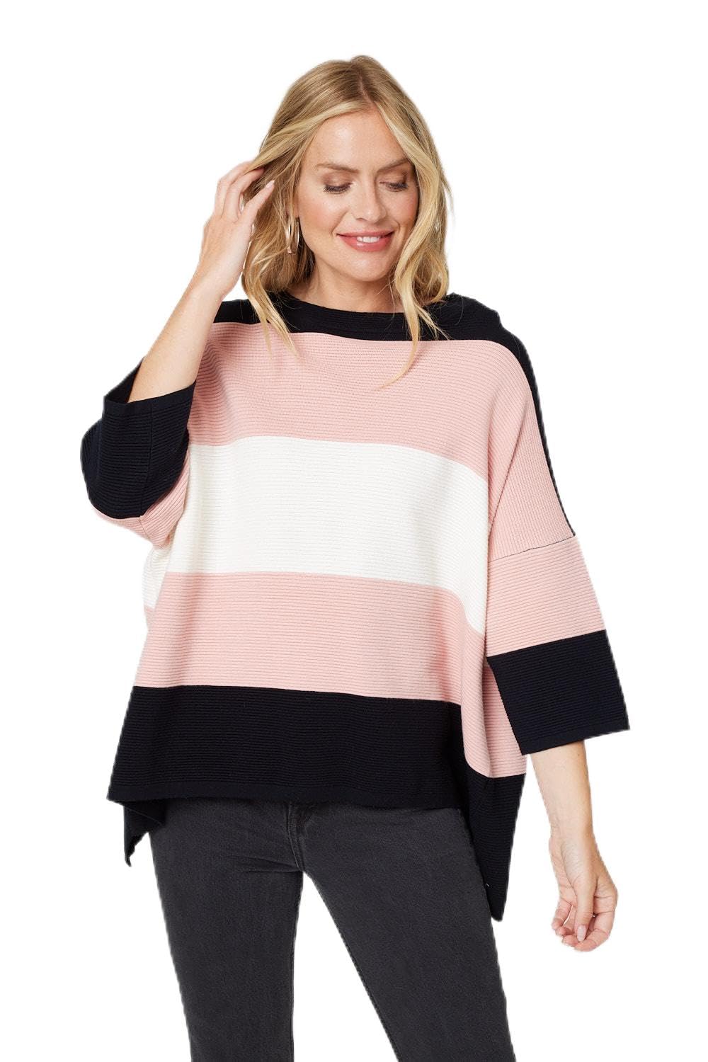 Izabel London Colour Block Oversized Batwing Top for Women UK with 3/4 Batwing Sleeves and a Thigh Length Hem. Pink
