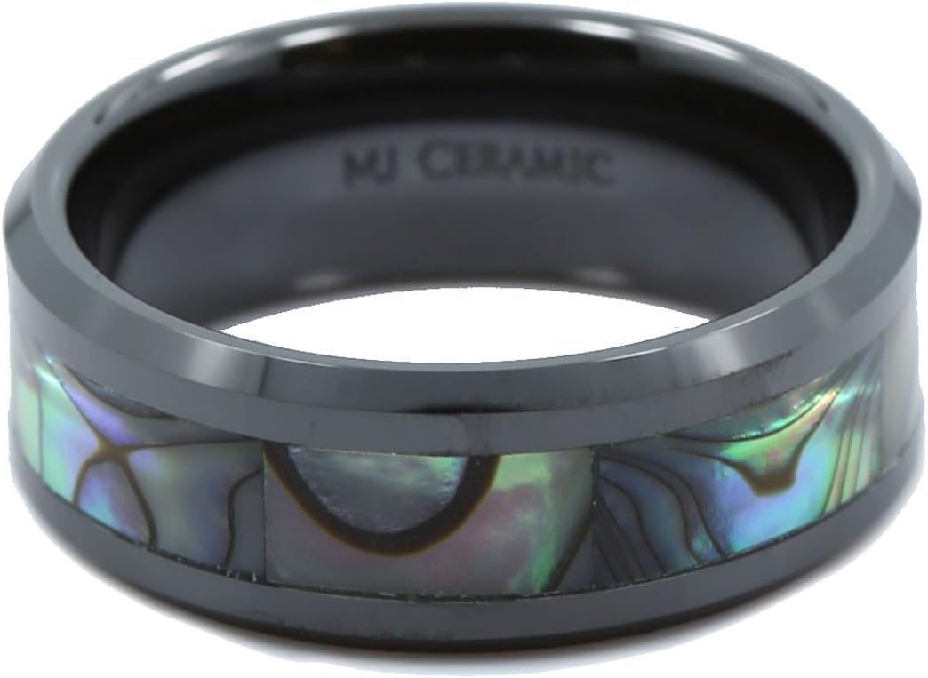 Abalone Shell Inlay Black Ceramic Wedding Band Ring 8mm