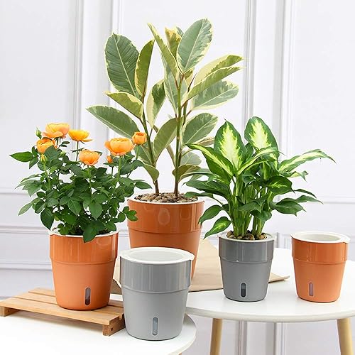 Miniatura 4 de Paquete de 3 macetas de riego automático de 4 pulgadas con indicador de nivel de agua, maceta moderna para interiores, color gris