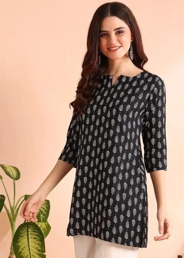 Image of Women's Short Kurti in Multicolor Rayon Cotton Blend | Ladies Ethnic Tunic | Office
