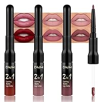 Vista 41 de 3 piezas 2 en 1 Set de maquillaje de delineador de labios mate y lápiz labial líquido para mujeres, rojo burdeos, rojo burdeos oscuro, púrpura