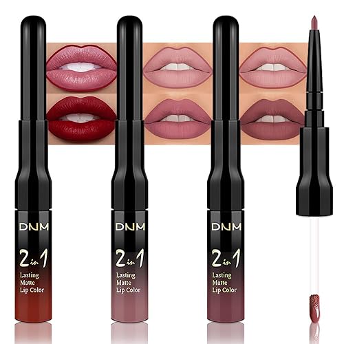 Miniatura 41 de 3 piezas 2 en 1 Set de maquillaje de delineador de labios mate y lápiz labial líquido para mujeres, rojo burdeos, rojo burdeos oscuro, púrpura