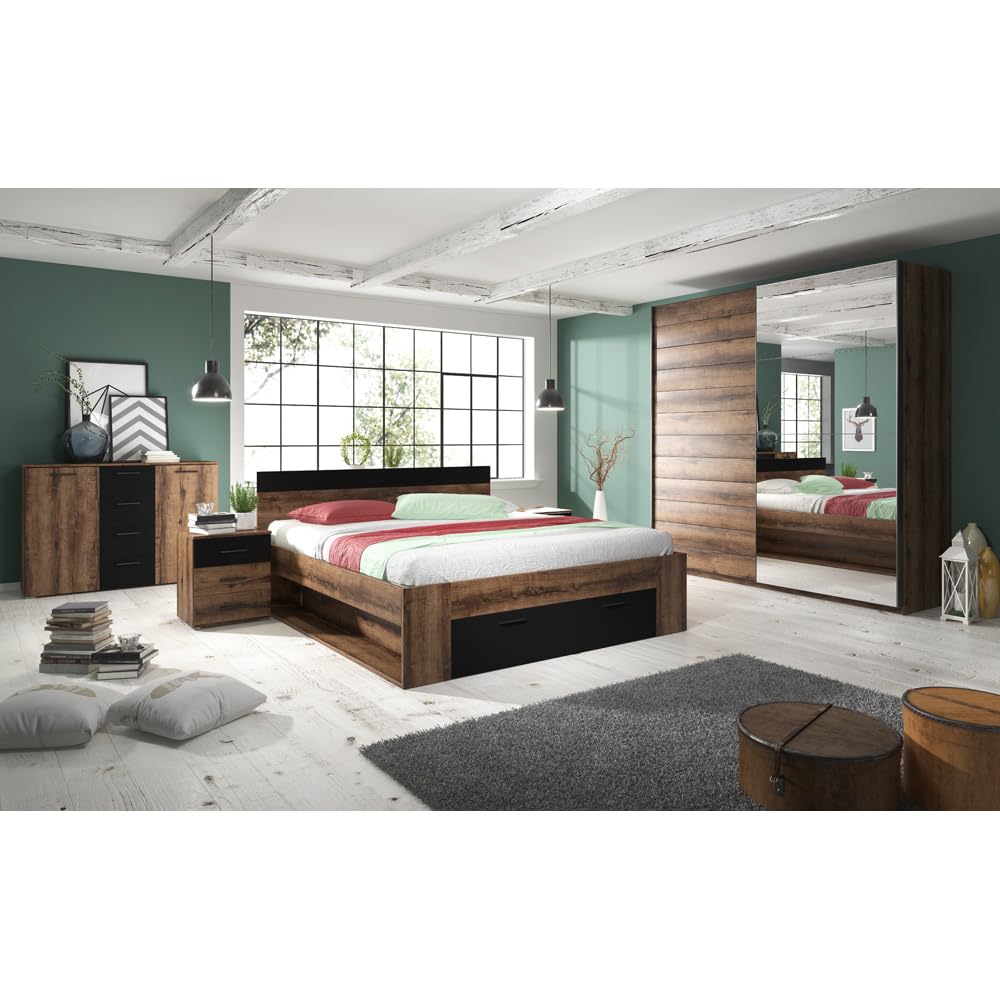 Lomadox Schlafzimmer Möbel-Komplett Set Liegefläche 160x200 cm in Monastery Eiche Nb. mit schwarz
