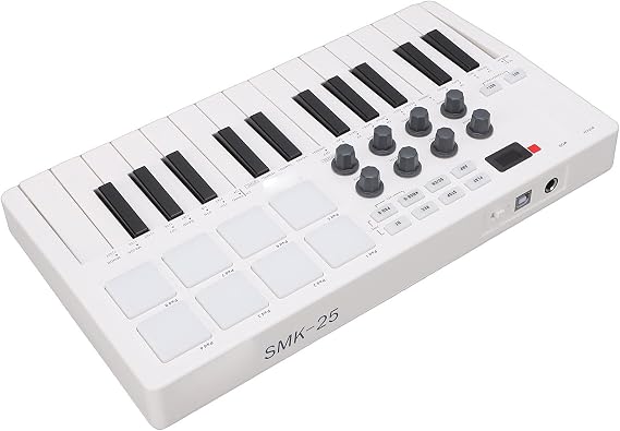25 Key Midi Keyboard Controller, 8 Backlit Drum Pads Keyboard, 8 Knobs Controller, Portable Beat Maker Machine with Velocity Sensitive & LED Display, Ideal for Music Production