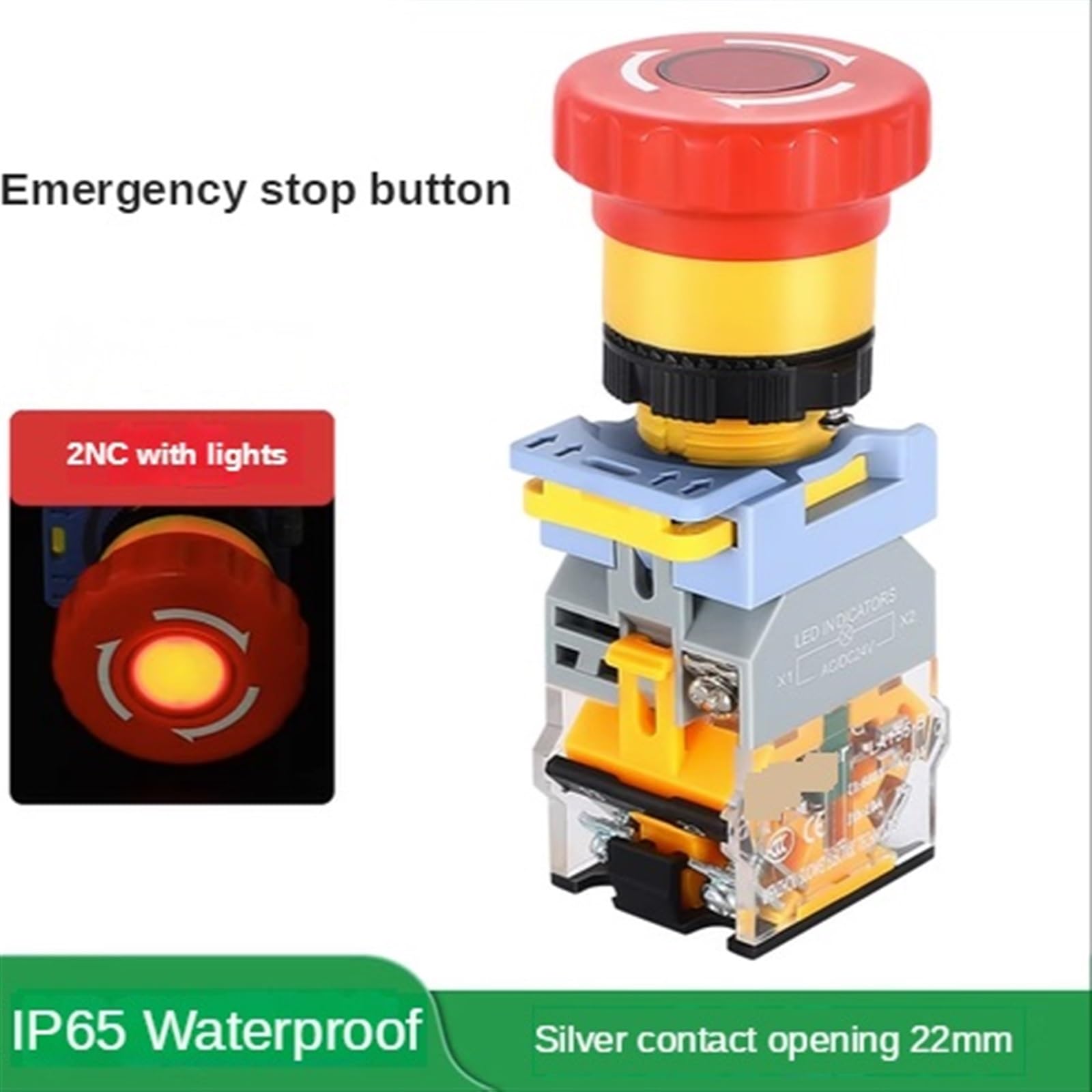 1 botón pulsador de parada de emergencia con luz, 22 mm, cabeza de hongo, interruptor de encendido con enclavamiento automático, interruptor rojo, CA 220 V(2NC With Light,110V)