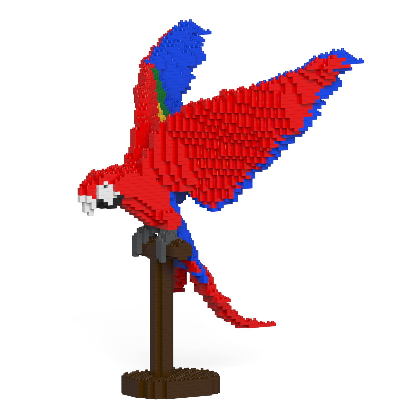 Fully assembled JEKCA Scarlet Macaw 02S building block model on a display stand