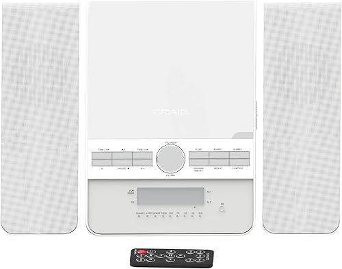 Craig CM427BT-WH Sistema de estante estéreo de CD vertical de 3 piezas con radio AMFM, tecnología inalámbrica Bluetooth y control remoto en blanco
