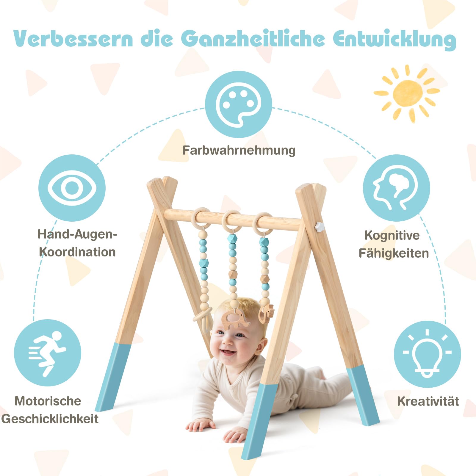 COSTWAY Baby Spielbogen Holz, Spieltrapez klappbar, Baby Gym mit 3 abnehmbaren Kinderspielzeugen, Spieltrapez für Babys über 3 Monate, Holzspielzeug zur Gehirnentwicklung (Grün)