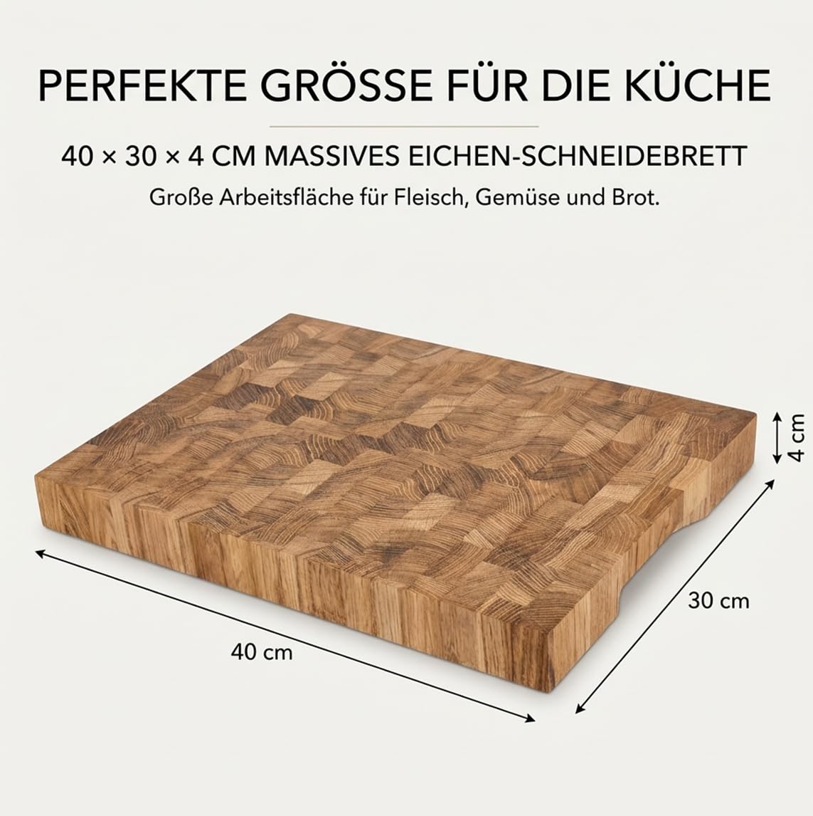 Eichen Schneidebrett 40x30x4 cm – Massives Stirnholz Schneidebrett aus Eiche mit Griffmulde – Extra Dickes Holz Schneidebrett für Fleisch, Gemüse & Brot – Profi Küchenbrett