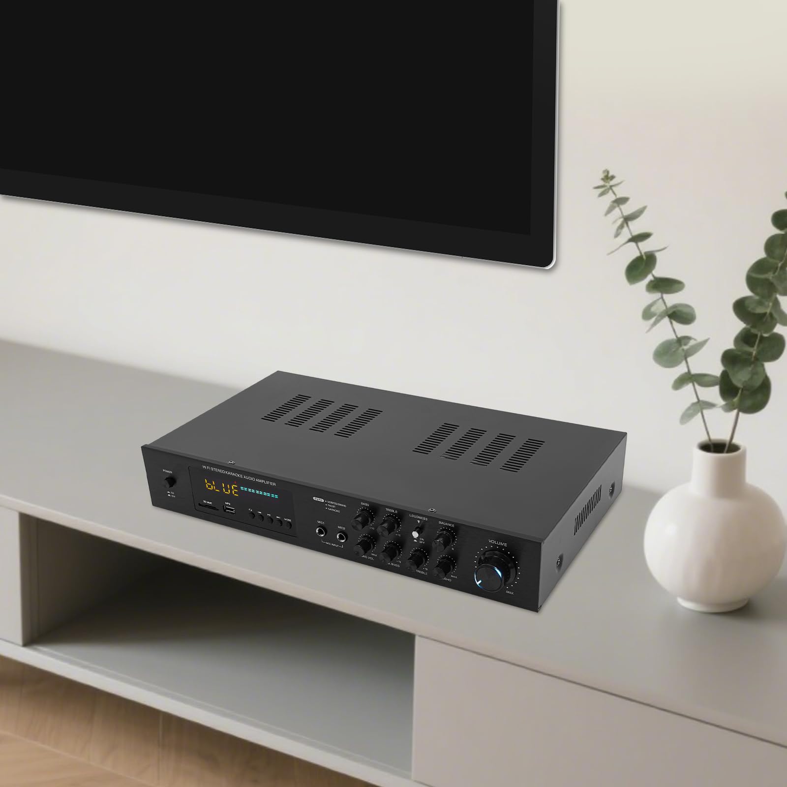 Amplificador Bluetooth de 600 W, amplificador de audio con 2 entradas de micrófono, radio SD/USB/AUX/FM, factor de distorsión armónica del 0,05%, receptor estéreo HiFi para karaoke y entretenimiento