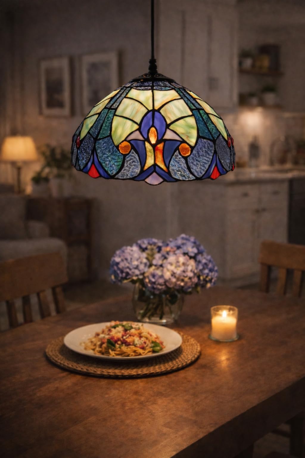 Tiffany Style Stained Glass Table Lamp, Multicolor Glass Shade, Bronze Base (Design - 8)-image-47