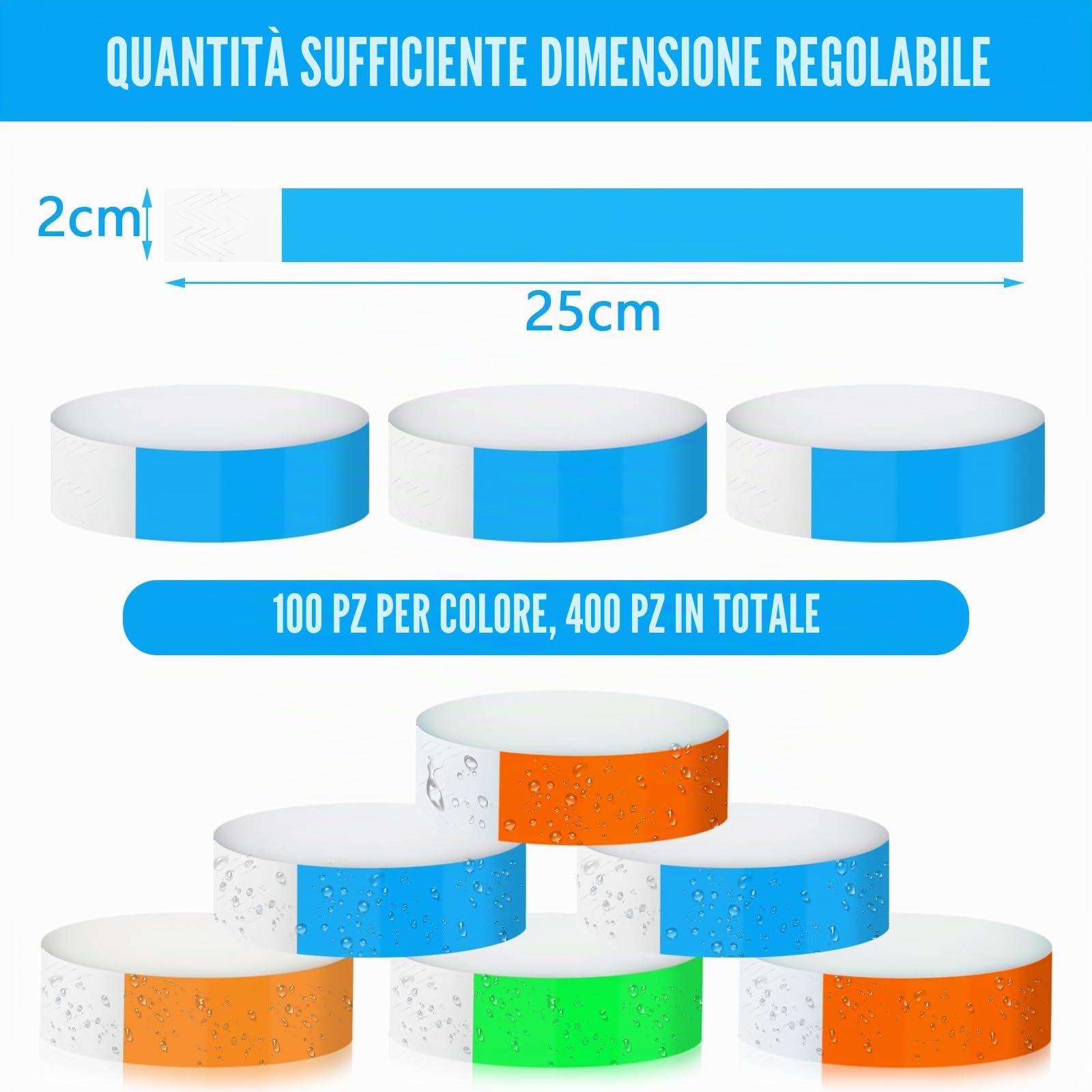 Braccialetti Carta Impermeabili Colorati 400 Pezzi 4 Colori 25×2cm per Festival Feste