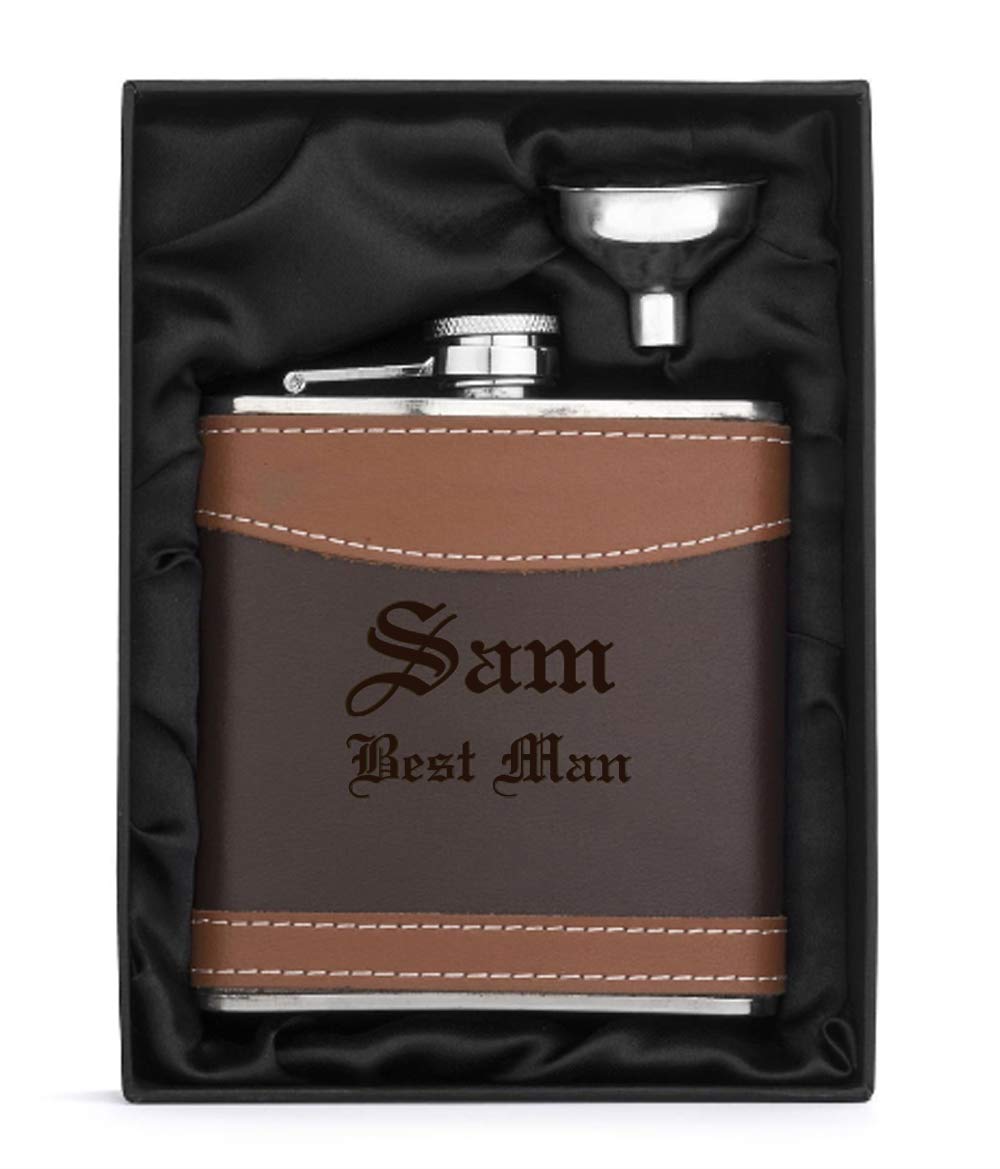 Engraved 6oz Genuine Leather Wrapped Brown Two Tone Stainless Steel Hip Flask Funnel Gift Box Set Custom Personalized (Custom Text)