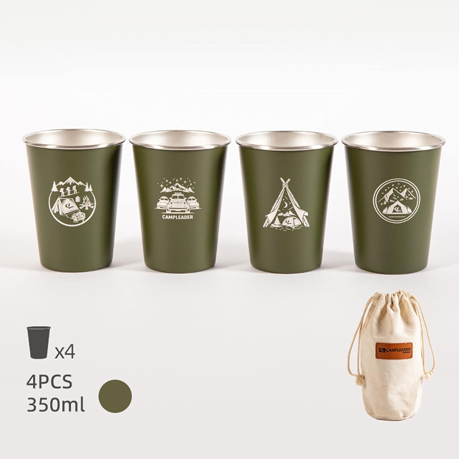 4pcs Stainless Steel Cups, 350ml Metal Glasses, BPA Free, Outdoor Camping Mugs with Storage Bag, Perfect for Hiking and Picnics - Green