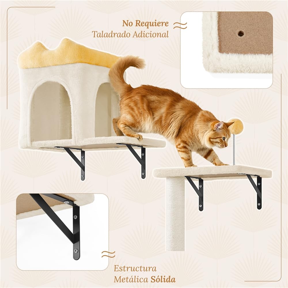 Yaheetech Estante de Escalada para Gatos 4 en 1 Mueble de Pared Beige | Fácil montaje, Ahorra espacio,Duradero,Poste sisal resistente,multifuncional,Bola colgante sustituible, Felpa suave
