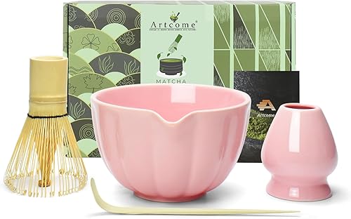 Artcome Juego de té Matcha japonés de 4 piezas, cuenco Matcha con boquilla de vertido, batidor de matcha, cuchara de té, soporte para batidor, kit