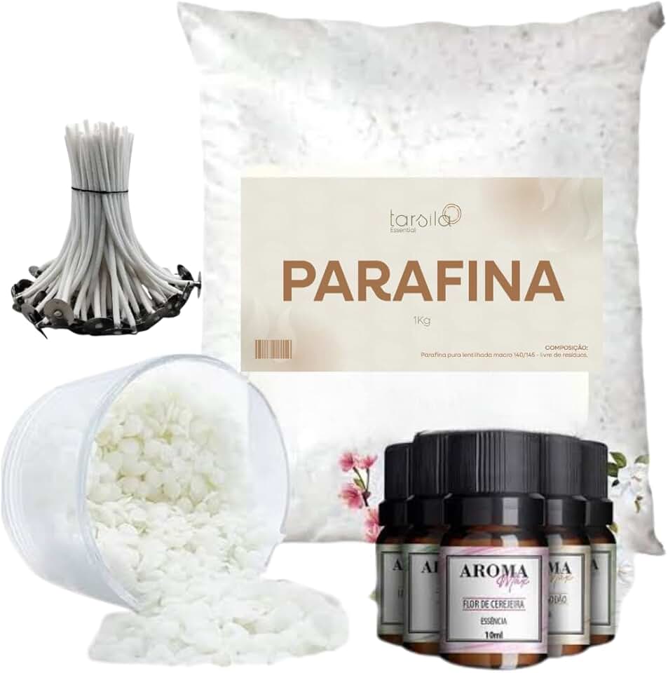 Kit Completo para Produção de Velas Artesanais - 1k Parafina + Essência Premium 30ml + 25 Pavios com Ilhós 2mm (AROMA BAUNILHA)