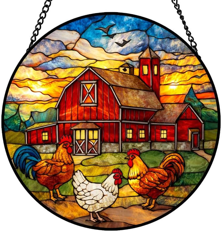 Stained Glass Window Hanging Suncatcher 11.8 in Farm Rooster and Chicken Barn Scene Colorful Glass Panel Sun Catcher for Window,Window Hanging Decor for Home,Housewarming Gift