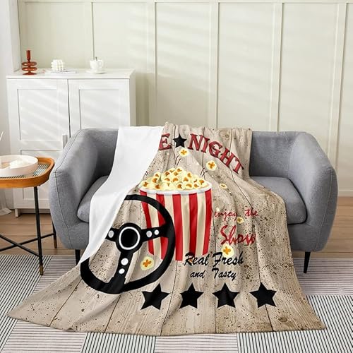 Movie Theater Flannel Fleece Throw Blanket Kids,Cinema Poster Design Fuzzy Blanket for Bed Sofa Couch,Popcorn Vintage Design Bed Blanket Breathable Plush Blanket Room Decor 40"x50"
