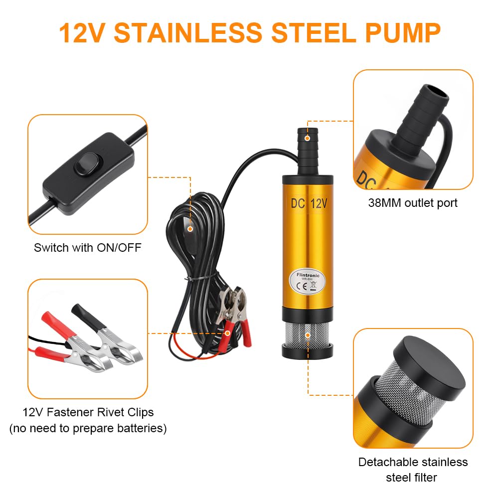 Flintronic Pompy do wody i oleju napędowego z zaciskami, elektryczna pompa zanurzeniowa 12 V 38 mm Pompa paliwa ze zdejmowanym filtrem ssawnym do oleju napędowego i wody do samochodu, przyczepy kempingowej, łodzi, łodzi
