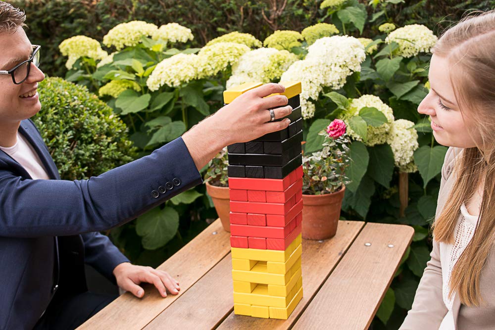 Wackelturm Mega XXL in 3 Farben - bis 80 cm hoch - in Einer Luxus Tragetasche - 2 bis 6 Spieler - Gelb Schwarz Rot - Reißverschluss - Outdoor Indoor Stapelturm Holz
