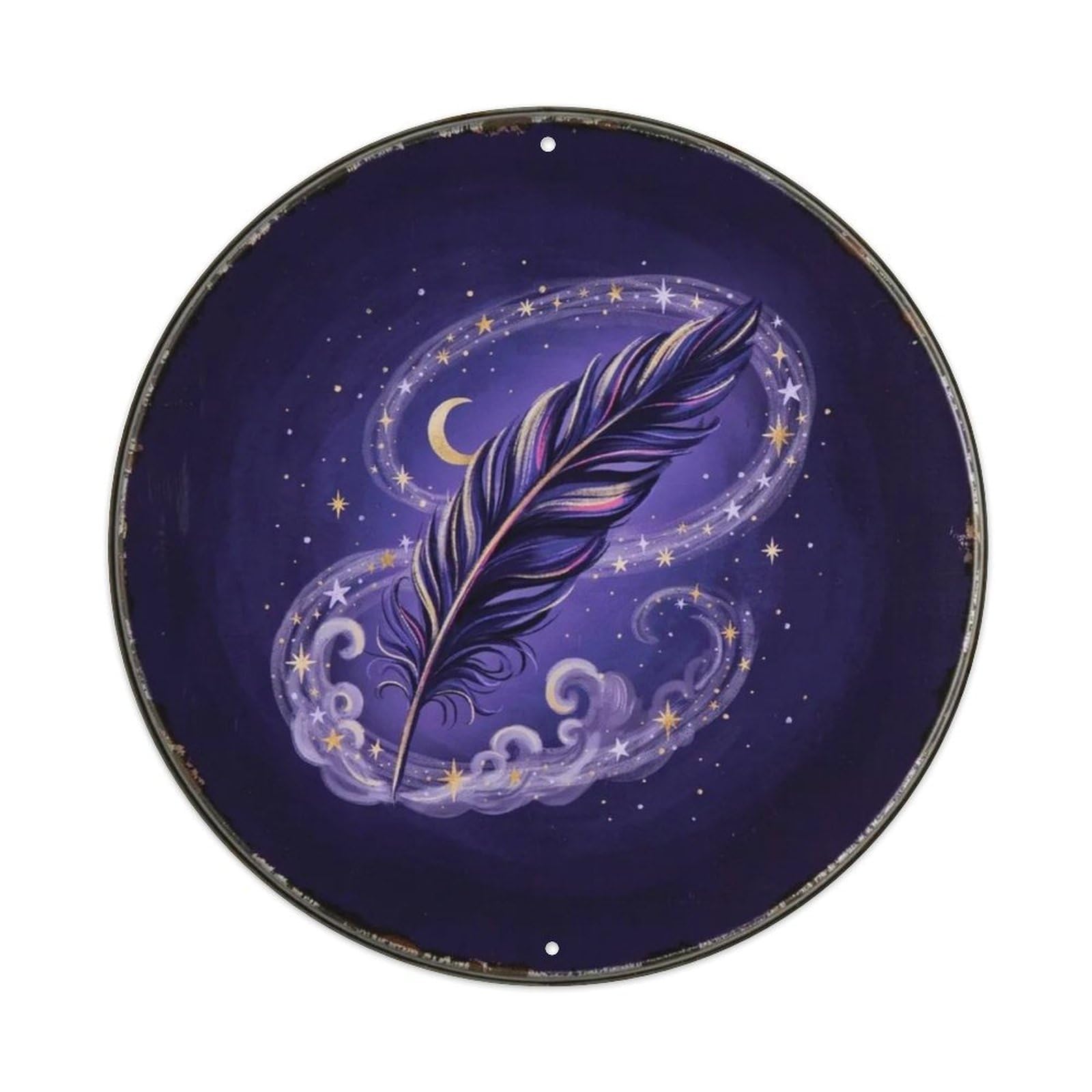 Iridescent Magic Feather Dreamy Round Metal Tin Sign Plaque