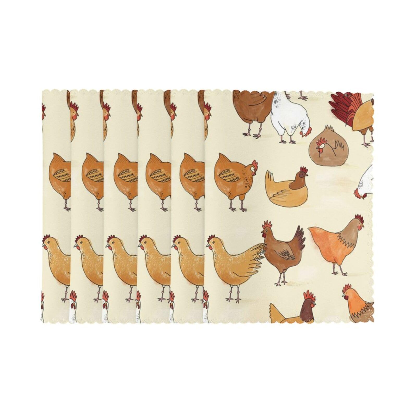 6 PCS Heat Resistant Placemat 45x30 CM, Chicken Pattern Printed Non-Slip Place Mats for Kitchen Dining Table Indoor Outdoor