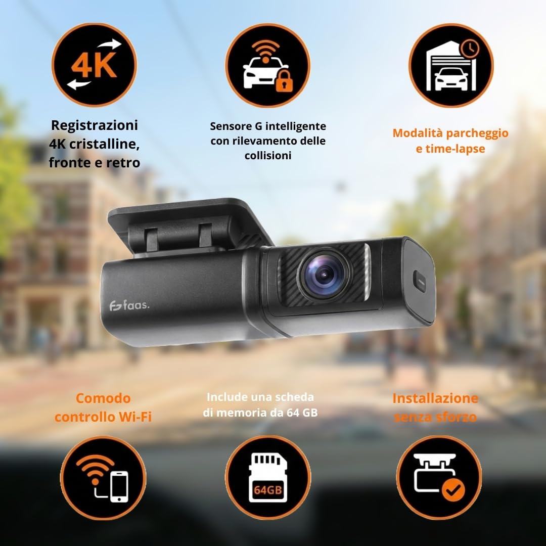 Faas S80 Dash Cam Auto 4K Fronte e Retro – Telecamera per Auto con Scheda 64GB Inclusa, WiFi, Visione Notturna, G-Sensor, Modalità Parcheggio & Grandangolo 160°