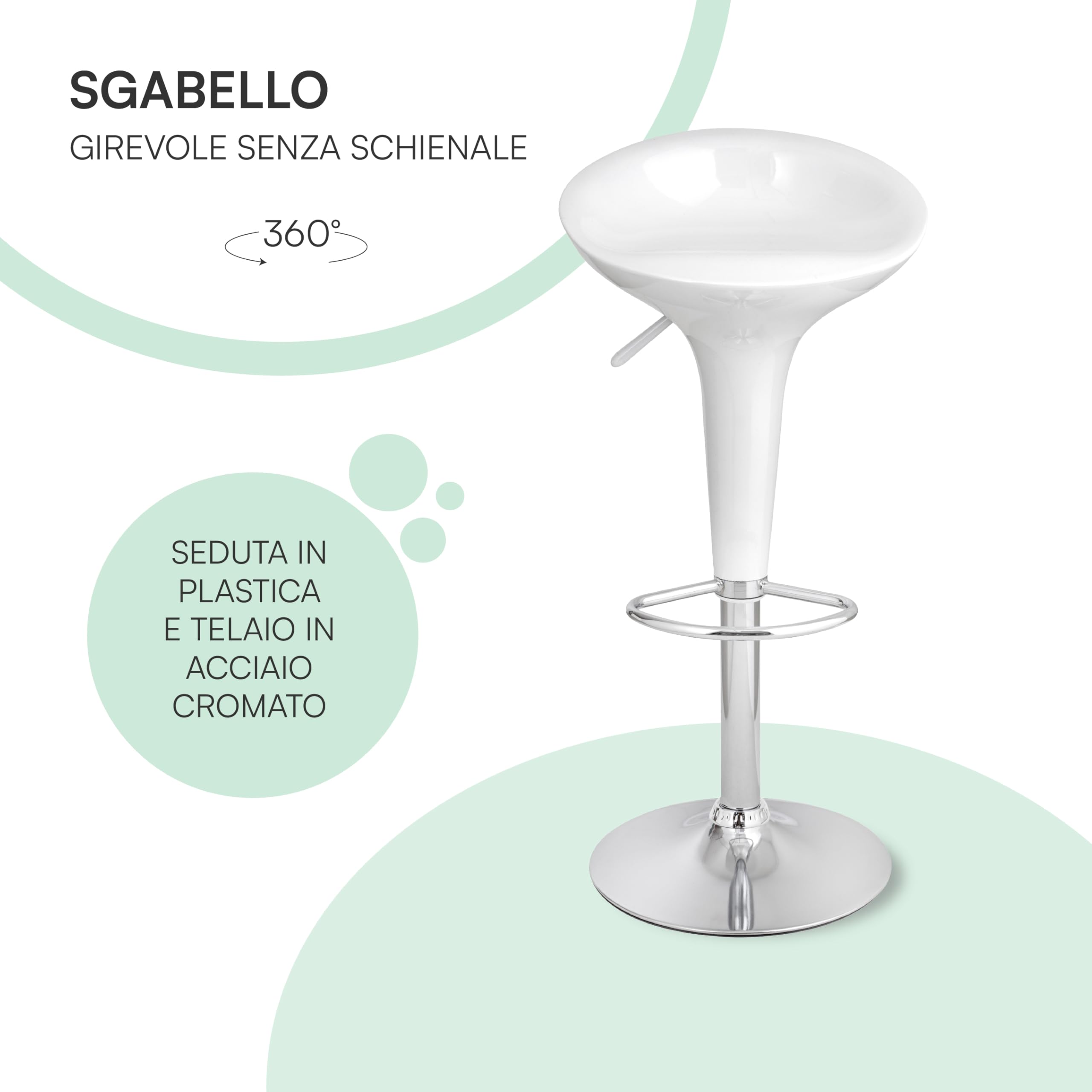 Baroni Home Swivel Bar Stool with Adjustable Height, Plastic Seat, Chrome Base with Footrest and Anti-Scratch Bottom, Kitchen Stool and Peninsula, 40 x 45 x 59-79 cm, White 1 Piece — view 5