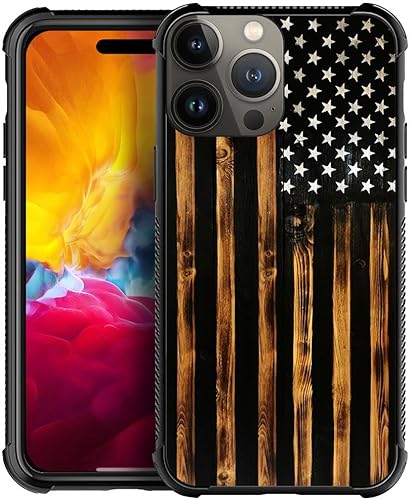 DJSOK Funda compatible con iPhone 15 Pro Max, funda clásica de grano de madera con bandera antigua para iPhone 15 Pro Max, funda para hombre y niña,
