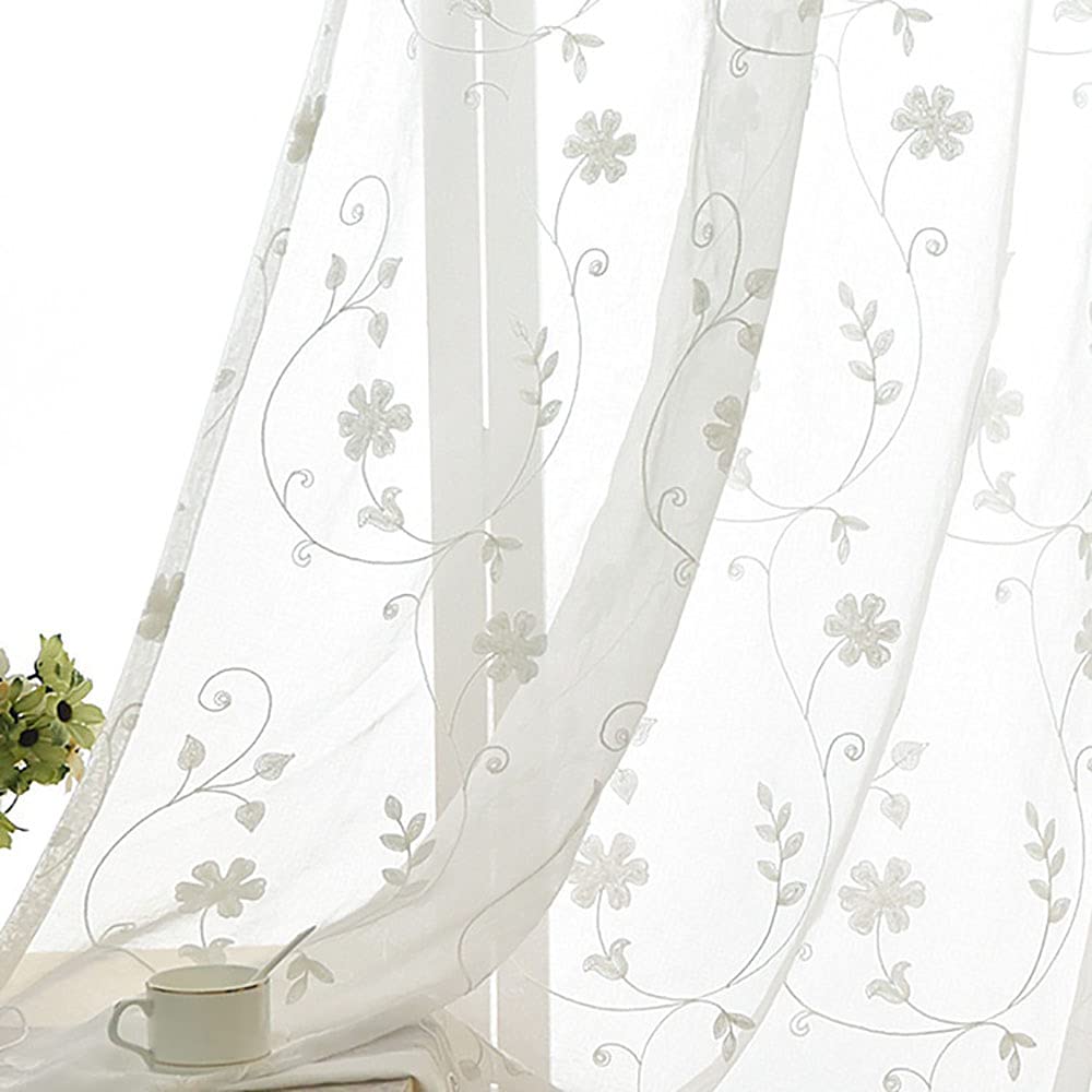 SLOW SOUL Set of 2 Panels White Embroidered Flowers Sheer Curtains for Bedroom Living Dining Room Farmhouse Drapes Curtain with Rod Pocket White 52W X 96 inch Length