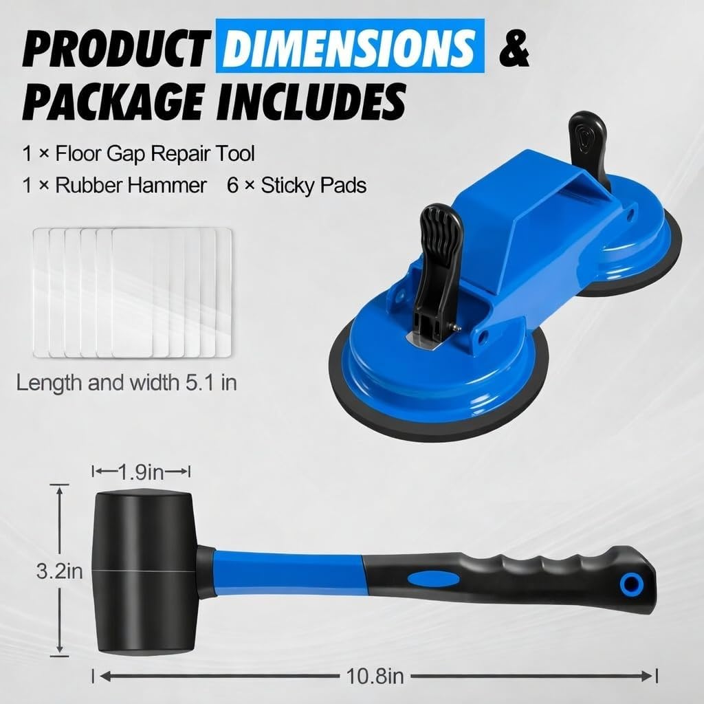 Floor Gap Fixer Tool with Dual Silicone Suction Cups & Rubber Hammer – 45° Angled Striking Surface, Includes Adhesive Pads – for Laminate, Vinyl Plank, SPC & Engineered Hardwood Floors
