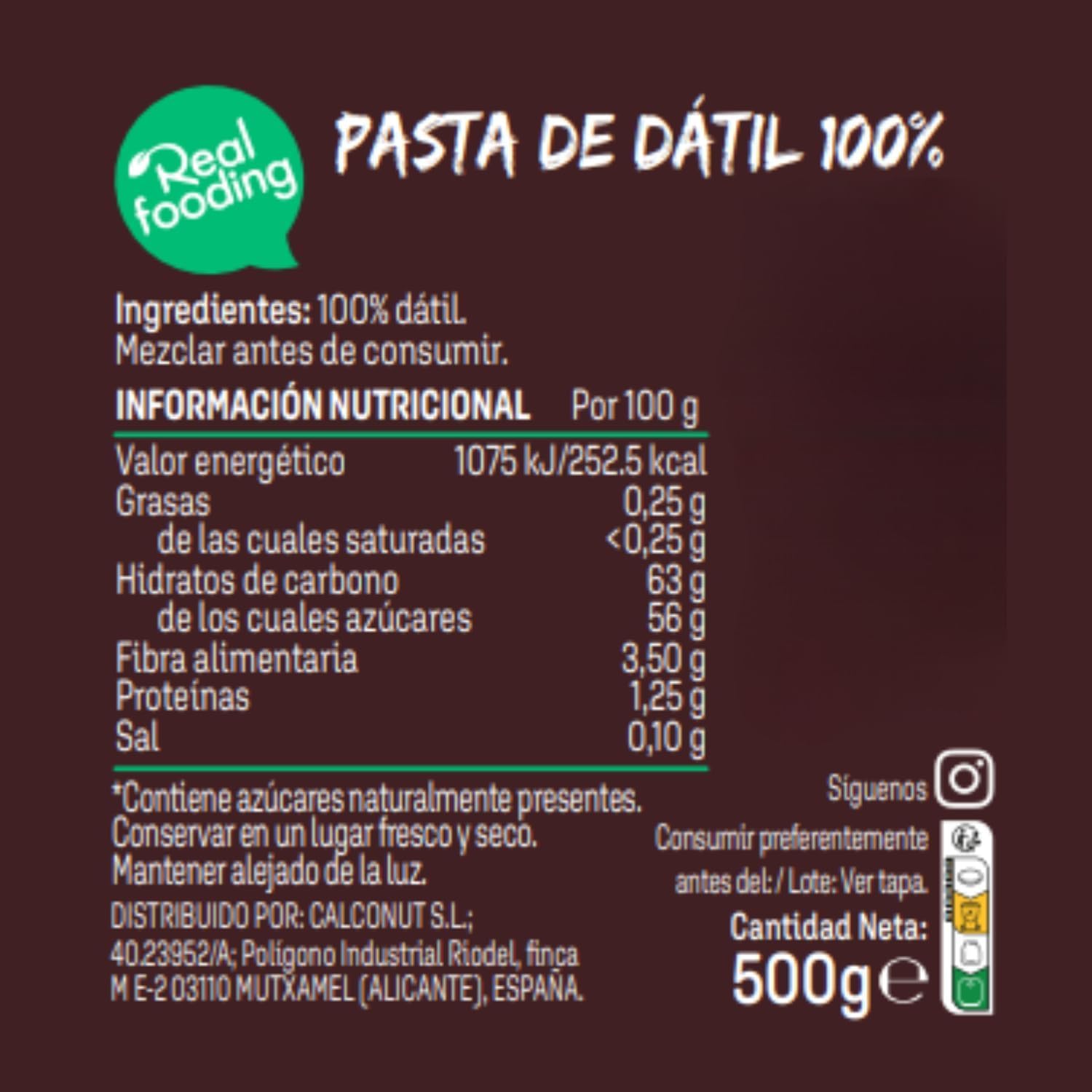 REALFOODING ‎Nut&me - Pasta de dátil REALFOODING 500 gr, Sin Lactosa, Sin Gluten, 100% Dátil