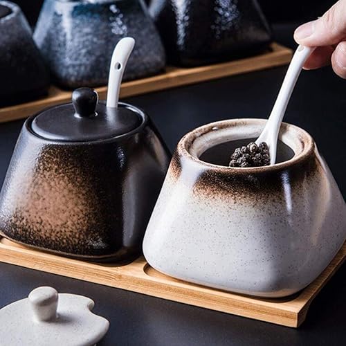Miniatura 29 de Azucarero japonés de cerámica, recipiente de condimento vintage, tarro de almacenamiento de sal con tapa y cuchara para cocina, restaurante